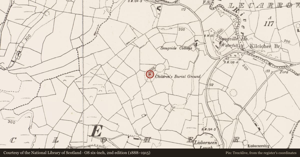 Ordnance Survey six-inch map, 2nd edition (1888–1915) covering the location of Children's burial ground, Kilcloher, County Clare, with a pin at the register's coordinates