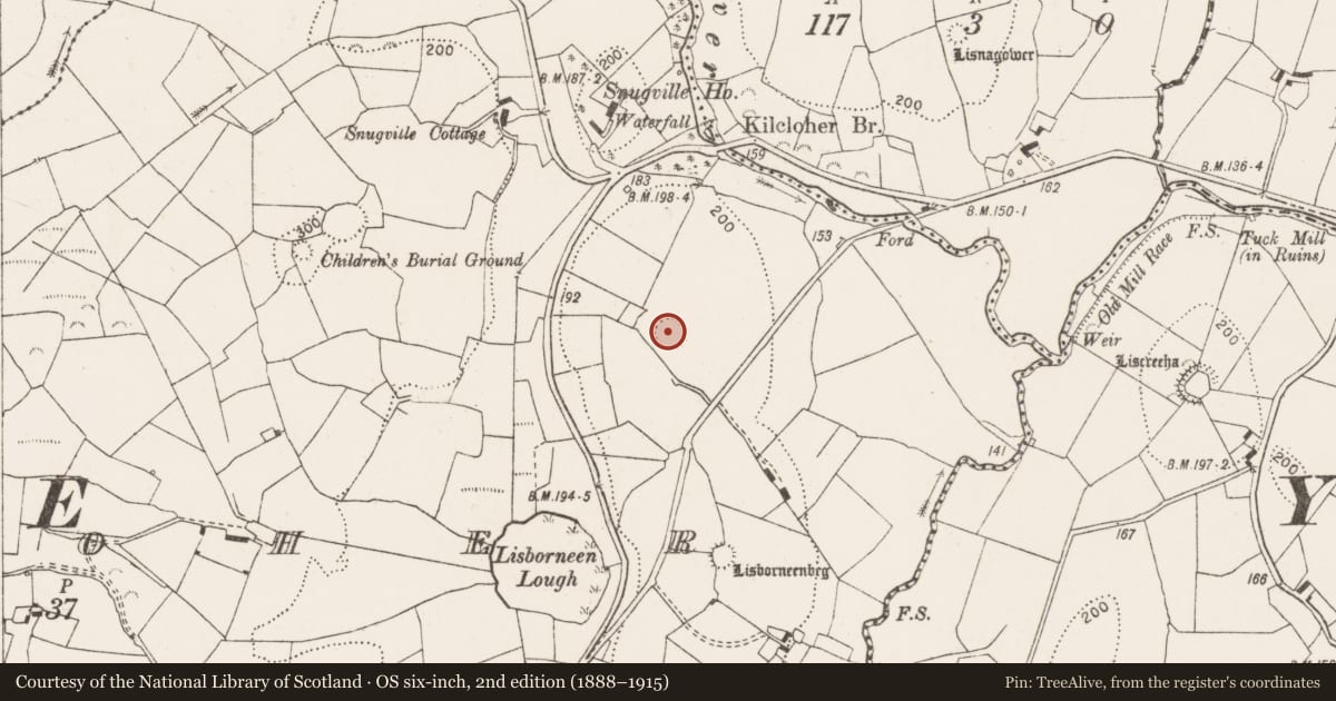 Ordnance Survey six-inch map, 2nd edition (1888–1915) covering the location of Ringfort - rath, Kilcloher, County Clare, with a pin at the register's coordinates