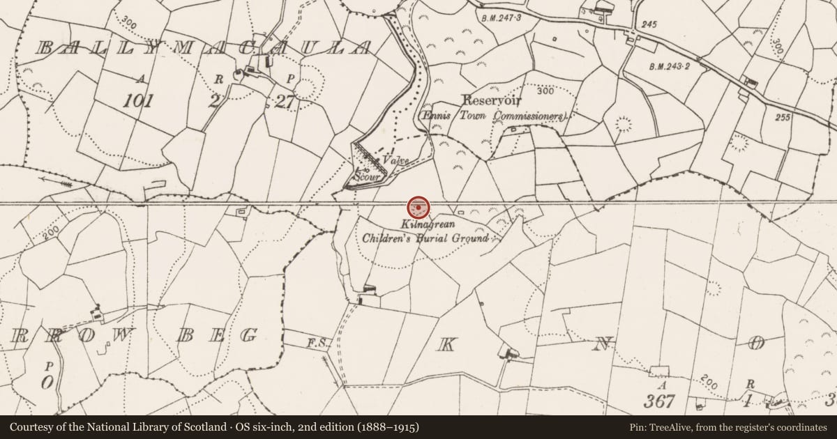 Ordnance Survey six-inch map, 2nd edition (1888–1915) covering the location of Children's burial ground, Knock, County Clare, with a pin at the register's coordinates