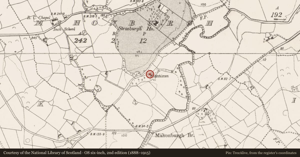 Ordnance Survey six-inch map, 2nd edition (1888–1915) covering the location of Architectural fragment, Mahonburgh, County Clare, with a pin at the register's coordinates