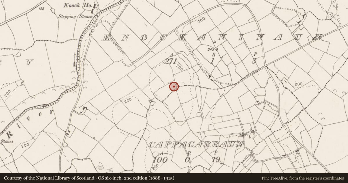 Ordnance Survey six-inch map, 2nd edition (1888–1915) covering the location of Ringfort - rath, Knockaninaun, County Clare, with a pin at the register's coordinates