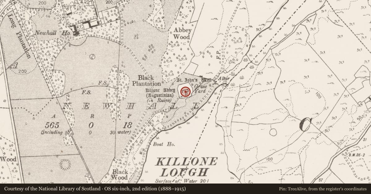 Ordnance Survey six-inch map, 2nd edition (1888–1915) covering the location of Religious house - Augustinian nuns, Newhall, County Clare, with a pin at the register's coordinates