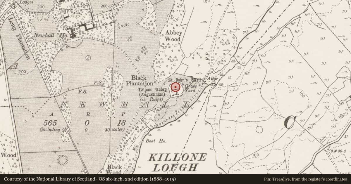 Ordnance Survey six-inch map, 2nd edition (1888–1915) covering the location of Graveyard, Newhall, County Clare, with a pin at the register's coordinates