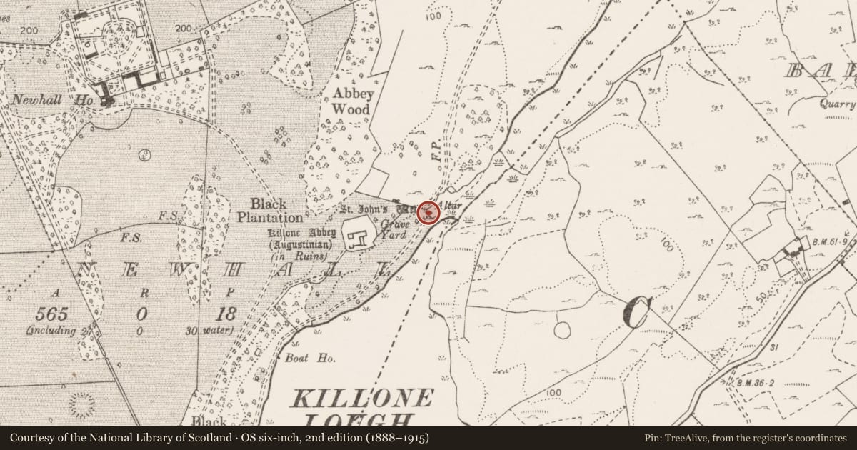Ordnance Survey six-inch map, 2nd edition (1888–1915) covering the location of Ritual site - holy well, Newhall, County Clare, with a pin at the register's coordinates