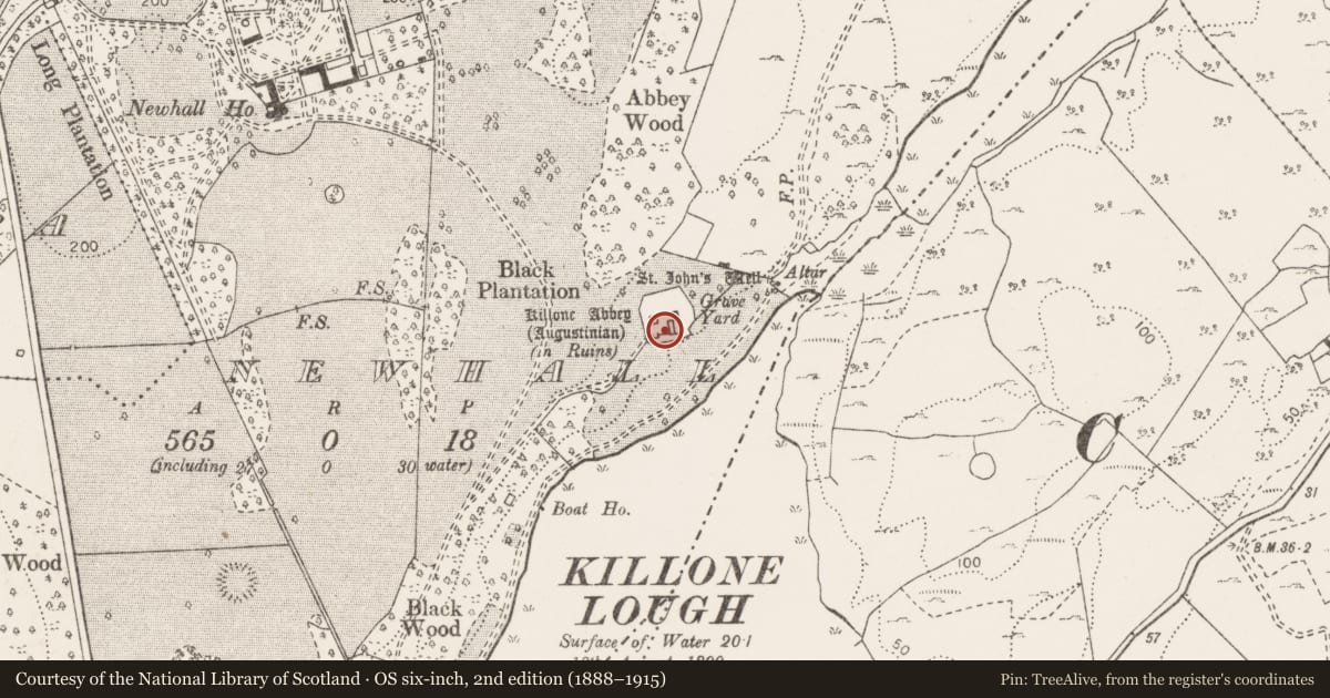 Ordnance Survey six-inch map, 2nd edition (1888–1915) covering the location of Font, Newhall, County Clare, with a pin at the register's coordinates