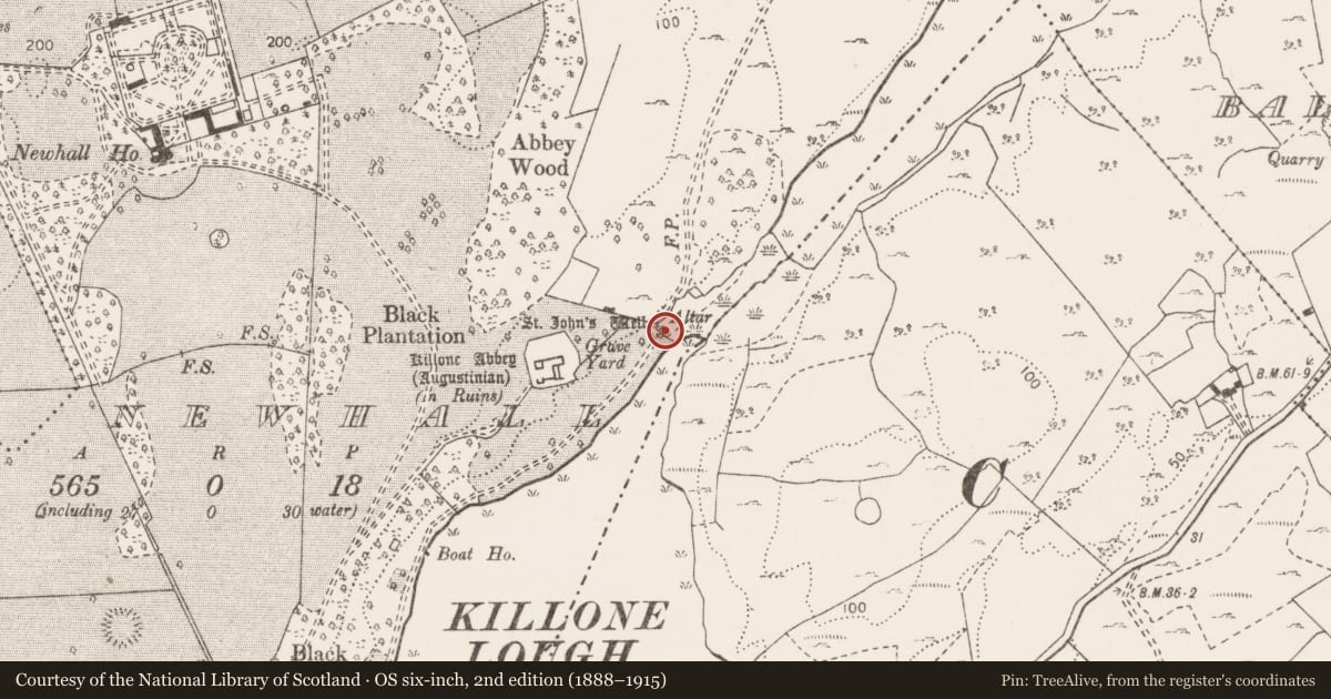 Ordnance Survey six-inch map, 2nd edition (1888–1915) covering the location of Cursing stone, Newhall, County Clare, with a pin at the register's coordinates