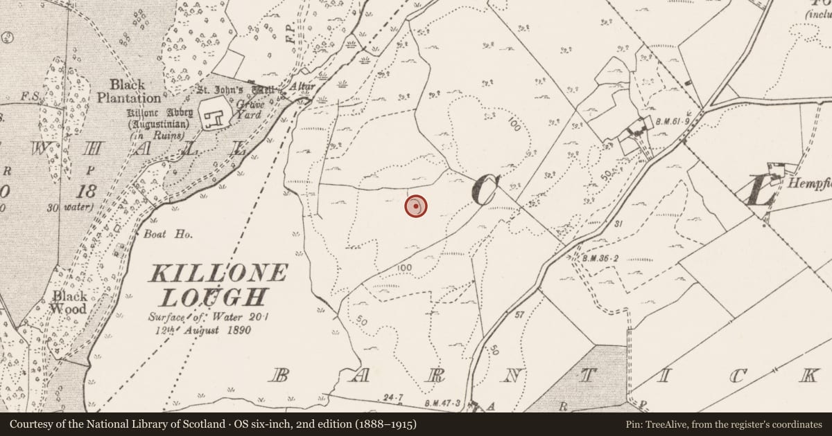 Ordnance Survey six-inch map, 2nd edition (1888–1915) covering the location of Ringfort - cashel, Barntick, County Clare, with a pin at the register's coordinates