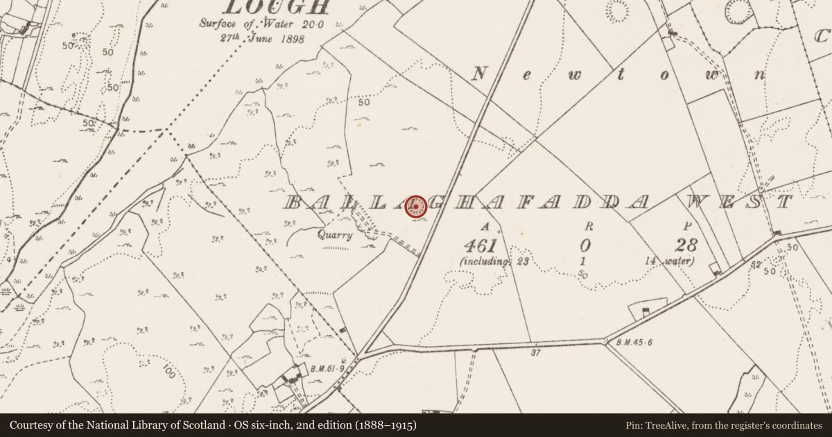 Ordnance Survey six-inch map, 2nd edition (1888–1915) covering the location of Earthwork, Ballaghafadda West, County Clare, with a pin at the register's coordinates