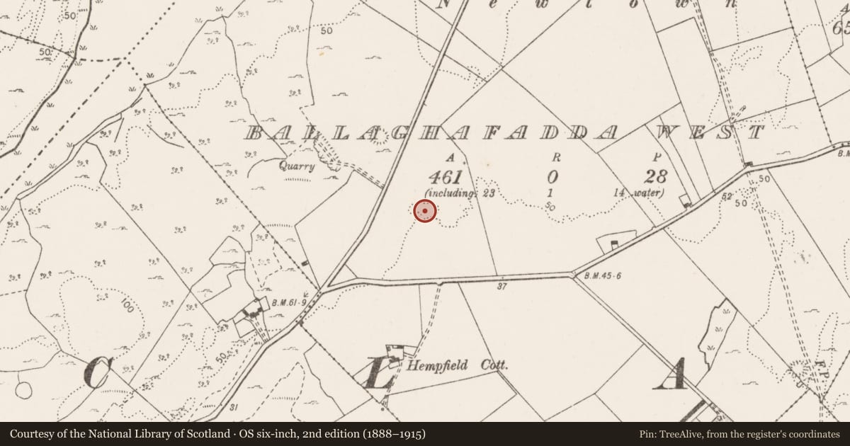Ordnance Survey six-inch map, 2nd edition (1888–1915) covering the location of Ringfort - rath, Ballaghafadda West, County Clare, with a pin at the register's coordinates