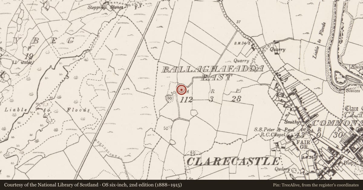 Ordnance Survey six-inch map, 2nd edition (1888–1915) covering the location of Earthwork, Ballaghafadda East, County Clare, with a pin at the register's coordinates