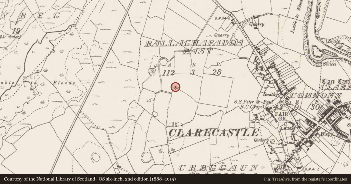 Ordnance Survey six-inch map, 2nd edition (1888–1915) covering the location of Earthwork, Ballaghafadda East, County Clare, with a pin at the register's coordinates