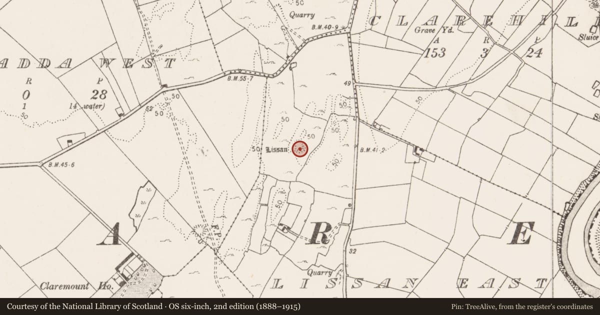 Ordnance Survey six-inch map, 2nd edition (1888–1915) covering the location of Ringfort - cashel, Lissan East, County Clare, with a pin at the register's coordinates
