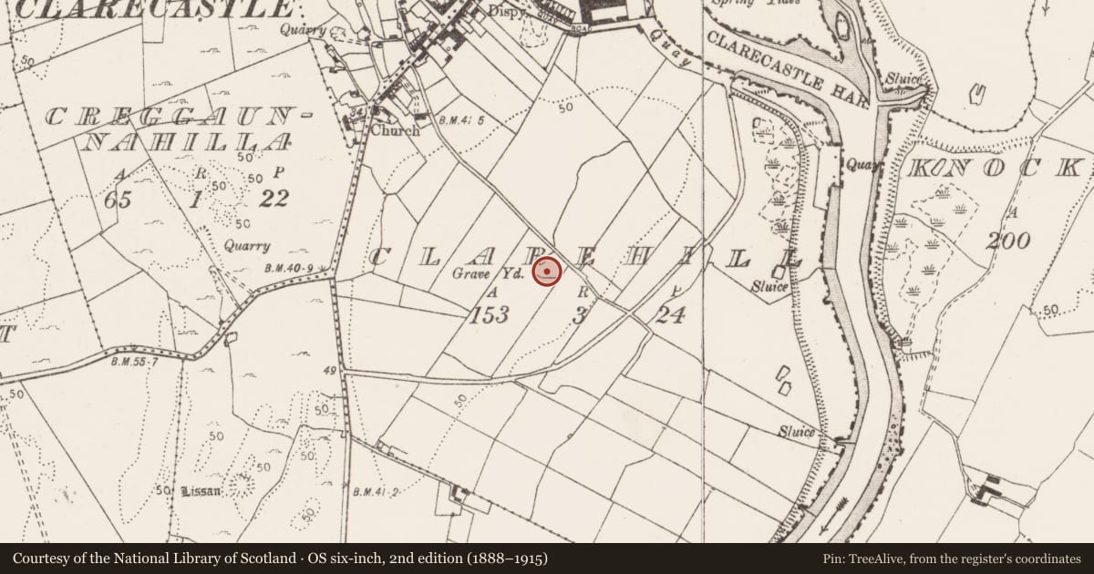 Ordnance Survey six-inch map, 2nd edition (1888–1915) covering the location of Burial ground, Clarehill, County Clare, with a pin at the register's coordinates