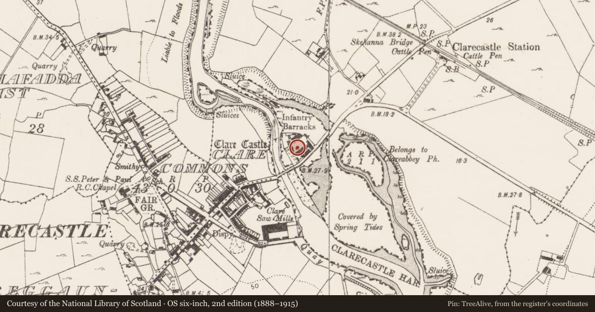 Ordnance Survey six-inch map, 2nd edition (1888–1915) covering the location of Castle - Anglo-Norman masonry castle, Skehanagh, County Clare, with a pin at the register's coordinates