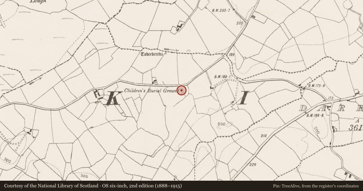 Ordnance Survey six-inch map, 2nd edition (1888–1915) covering the location of Children's burial ground, Lismulbreeda, County Clare, with a pin at the register's coordinates