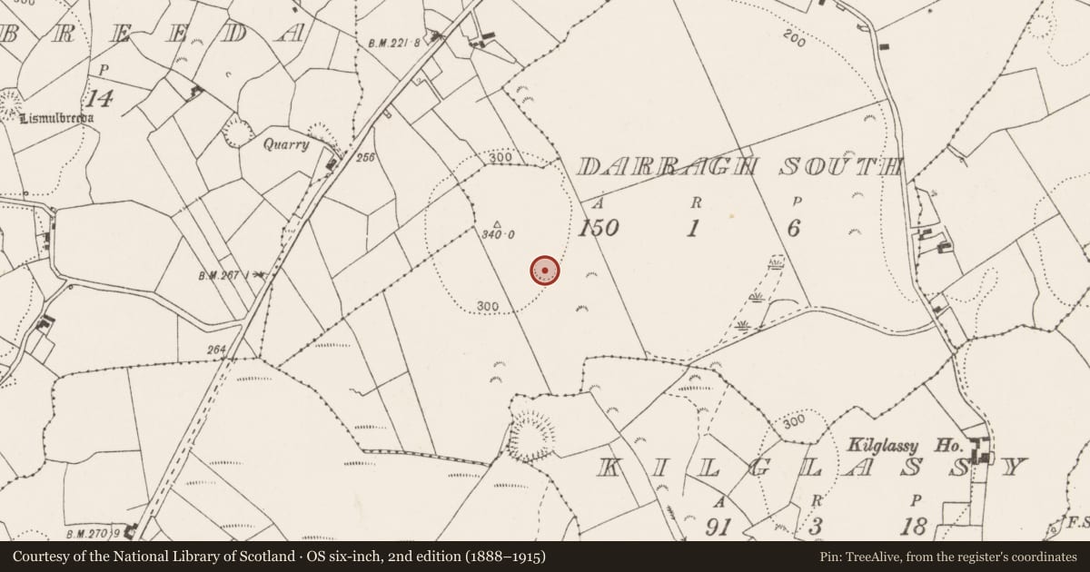 Ordnance Survey six-inch map, 2nd edition (1888–1915) covering the location of Barrow - ring-barrow, Darragh South, County Clare, with a pin at the register's coordinates