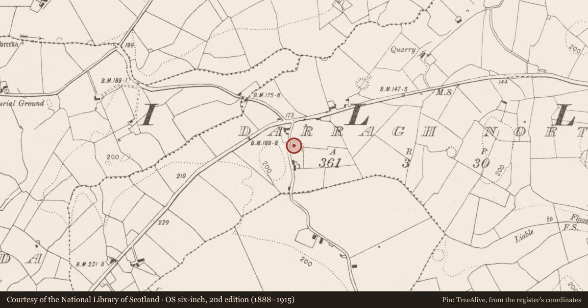 Ordnance Survey six-inch map, 2nd edition (1888–1915) covering the location of Enclosure, Darragh North, County Clare, with a pin at the register's coordinates