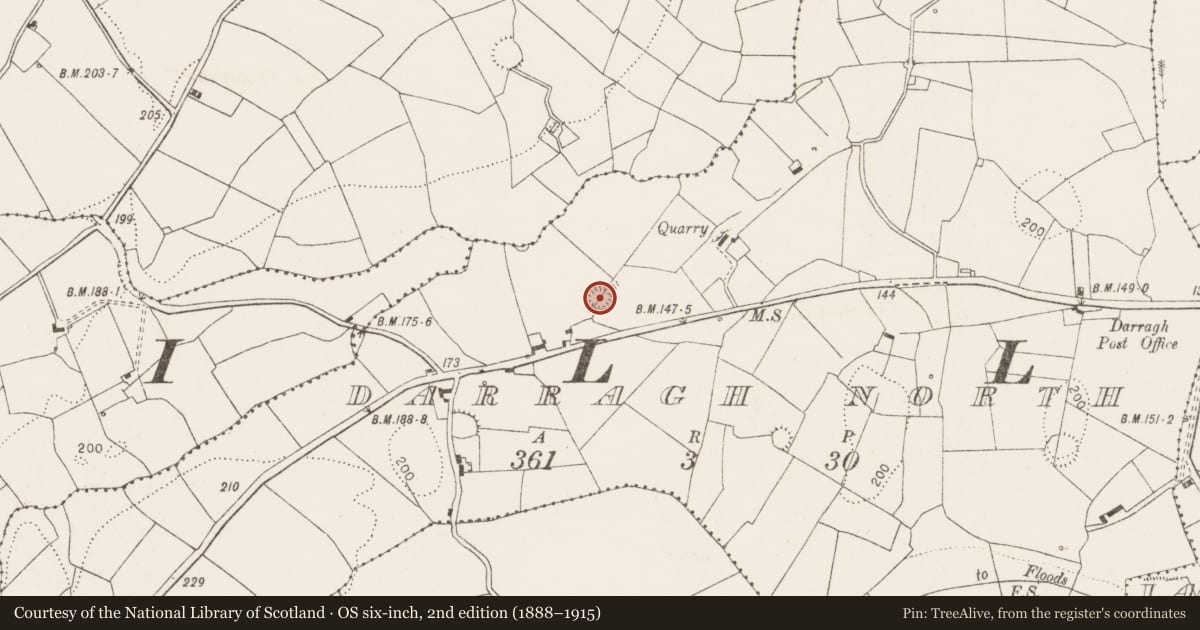 Ordnance Survey six-inch map, 2nd edition (1888–1915) covering the location of Enclosure, Darragh North, County Clare, with a pin at the register's coordinates