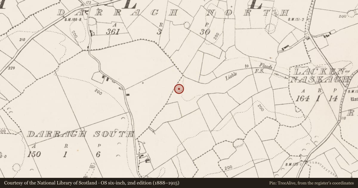 Ordnance Survey six-inch map, 2nd edition (1888–1915) covering the location of Ringfort - rath, Darragh North, County Clare, with a pin at the register's coordinates