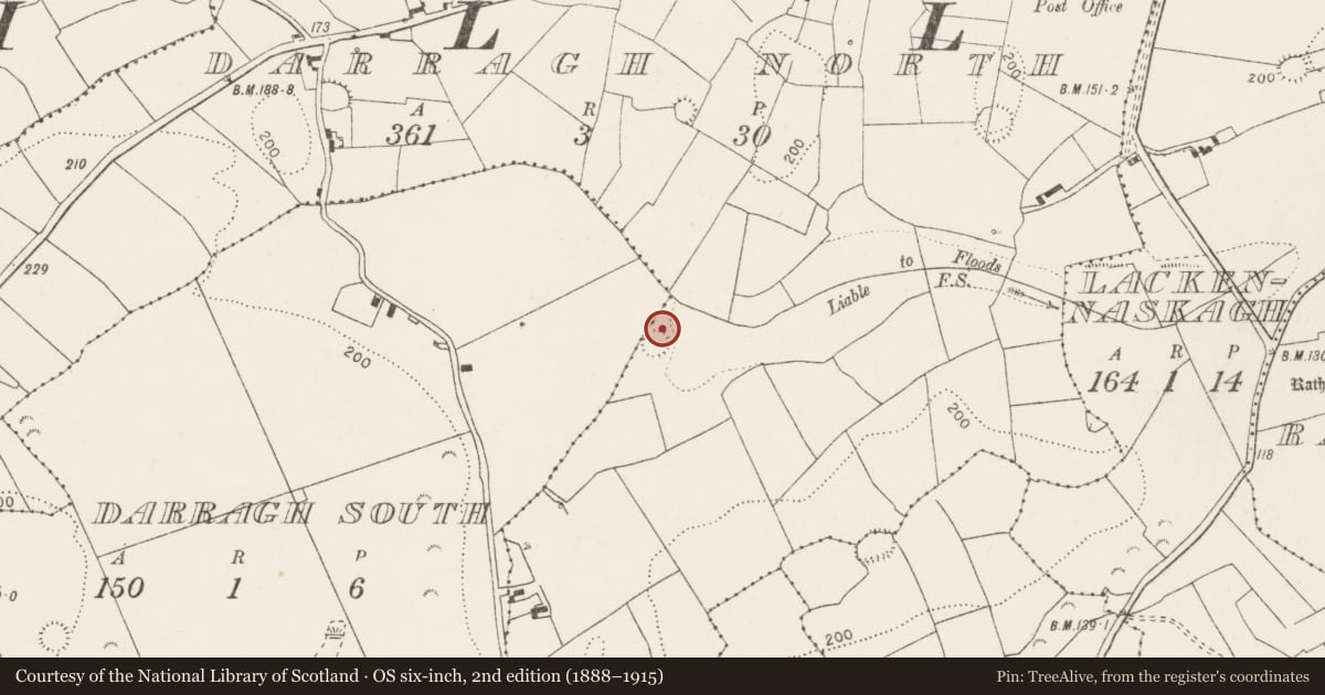 Ordnance Survey six-inch map, 2nd edition (1888–1915) covering the location of Fulacht fia, Darragh North, County Clare, with a pin at the register's coordinates