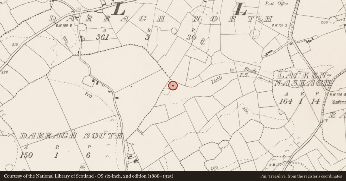 Ordnance Survey six-inch map, 2nd edition (1888–1915) covering the location of Fulacht fia, Darragh North, County Clare, with a pin at the register's coordinates