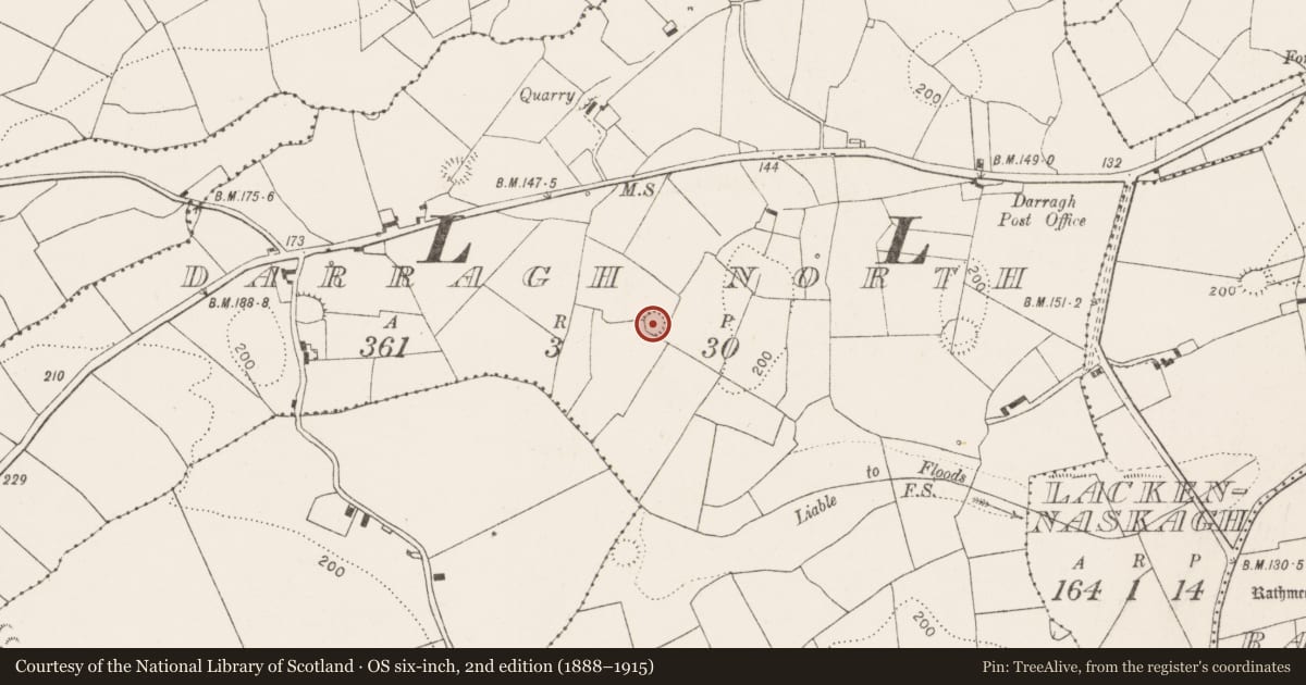 Ordnance Survey six-inch map, 2nd edition (1888–1915) covering the location of Ringfort - rath, Darragh North, County Clare, with a pin at the register's coordinates