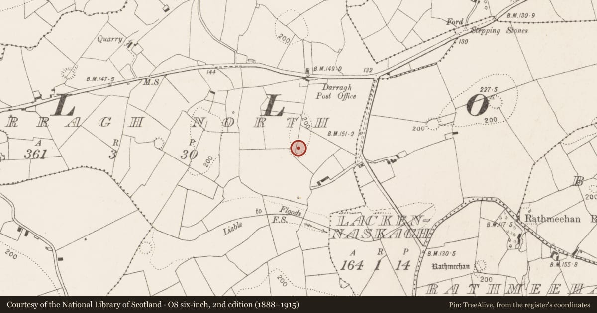 Ordnance Survey six-inch map, 2nd edition (1888–1915) covering the location of Ringfort - rath, Darragh North, County Clare, with a pin at the register's coordinates