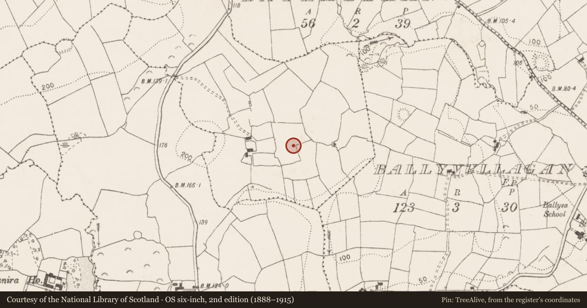 Ordnance Survey six-inch map, 2nd edition (1888–1915) covering the location of Enclosure, Lackennaskagh, County Clare, with a pin at the register's coordinates