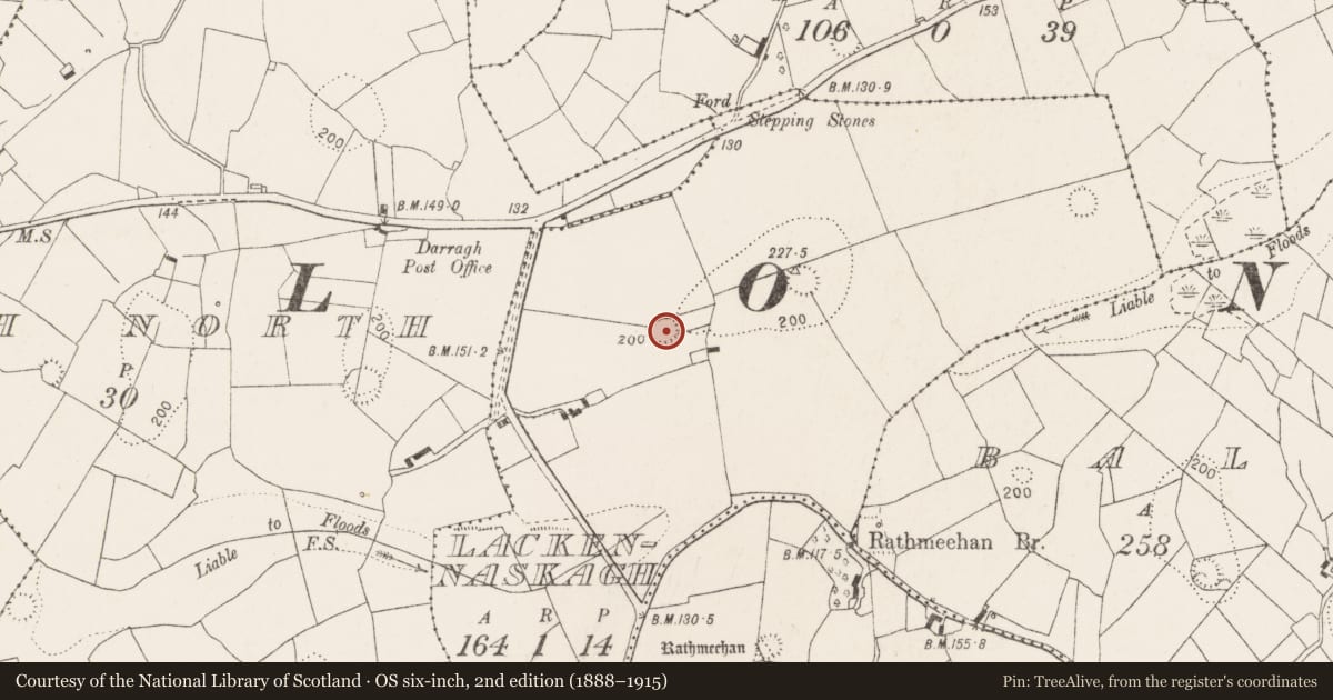 Ordnance Survey six-inch map, 2nd edition (1888–1915) covering the location of Ringfort - rath, Lackennaskagh, County Clare, with a pin at the register's coordinates