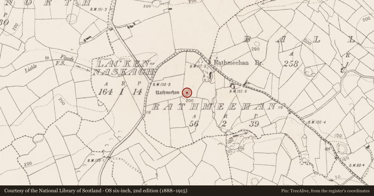 Ordnance Survey six-inch map, 2nd edition (1888–1915) covering the location of Ringfort - rath, Rathmeehan, County Clare, with a pin at the register's coordinates