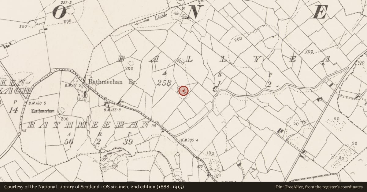 Ordnance Survey six-inch map, 2nd edition (1888–1915) covering the location of Ringfort - rath, Ballyea, County Clare, with a pin at the register's coordinates