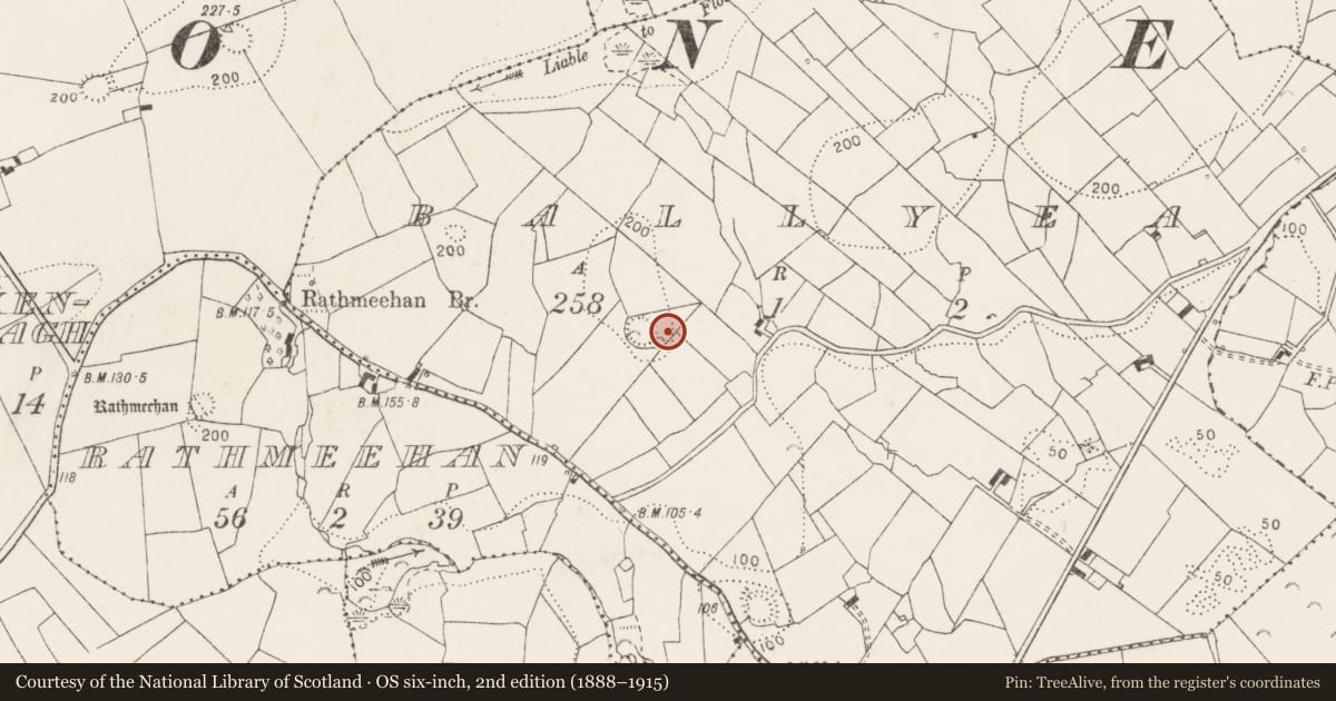 Ordnance Survey six-inch map, 2nd edition (1888–1915) covering the location of Enclosure, Ballyea, County Clare, with a pin at the register's coordinates