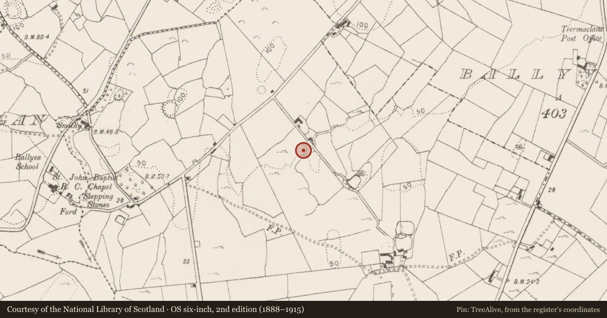 Ordnance Survey six-inch map, 2nd edition (1888–1915) covering the location of Enclosure, Teermaclane, County Clare, with a pin at the register's coordinates