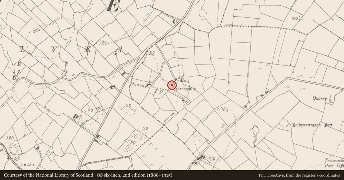 Ordnance Survey six-inch map, 2nd edition (1888–1915) covering the location of Ringfort - cashel, Ballyveskil, County Clare, with a pin at the register's coordinates