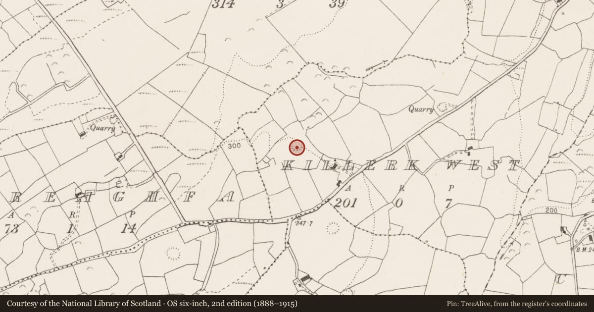 Ordnance Survey six-inch map, 2nd edition (1888–1915) covering the location of Enclosure, Killerk West, County Clare, with a pin at the register's coordinates