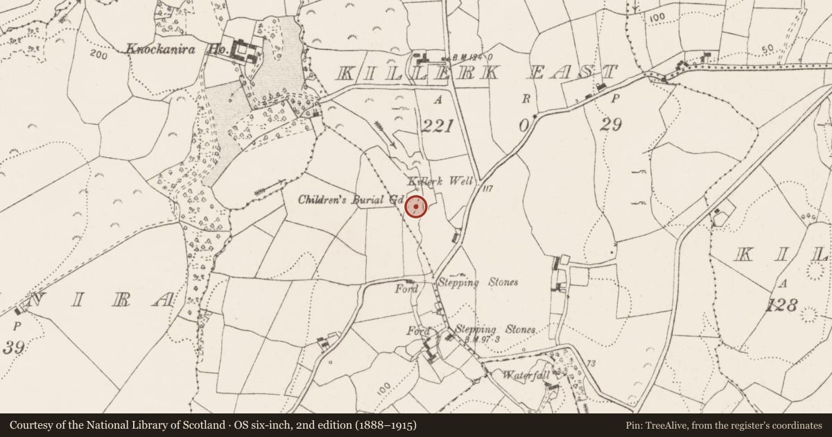 Ordnance Survey six-inch map, 2nd edition (1888–1915) covering the location of Children's burial ground, Killerk East, County Clare, with a pin at the register's coordinates