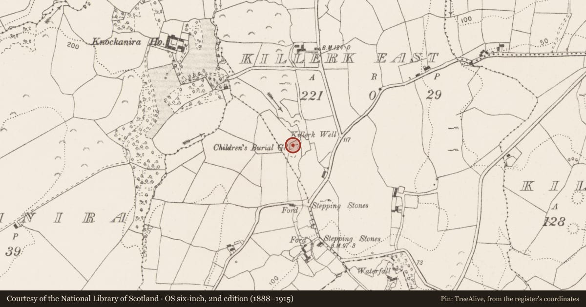 Ordnance Survey six-inch map, 2nd edition (1888–1915) covering the location of Building, Killerk East, County Clare, with a pin at the register's coordinates