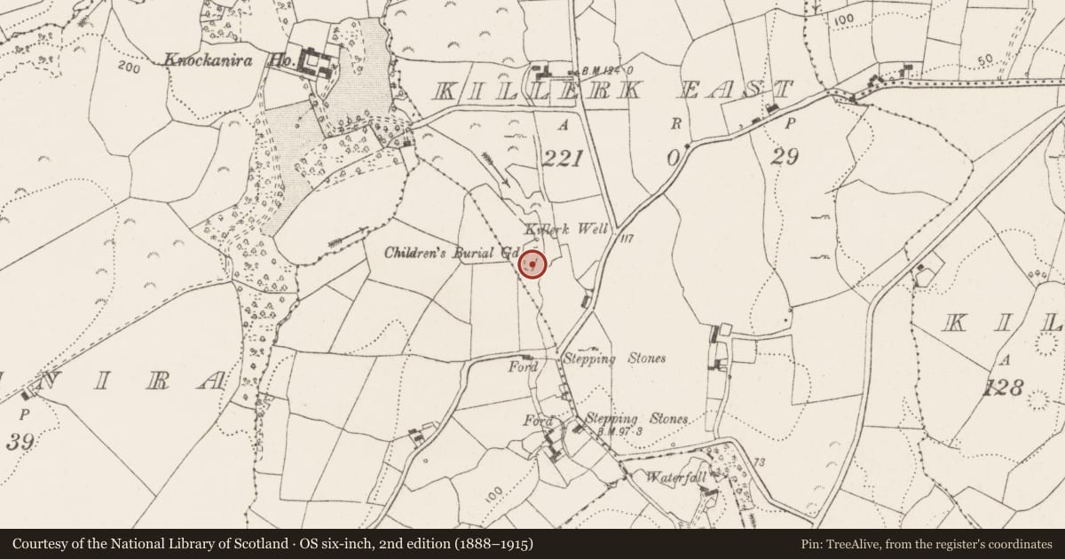 Ordnance Survey six-inch map, 2nd edition (1888–1915) covering the location of Cross-inscribed stone, Killerk East, County Clare, with a pin at the register's coordinates