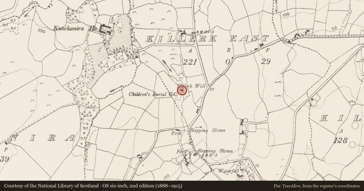 Ordnance Survey six-inch map, 2nd edition (1888–1915) covering the location of Ritual site - holy well, Killerk East, County Clare, with a pin at the register's coordinates