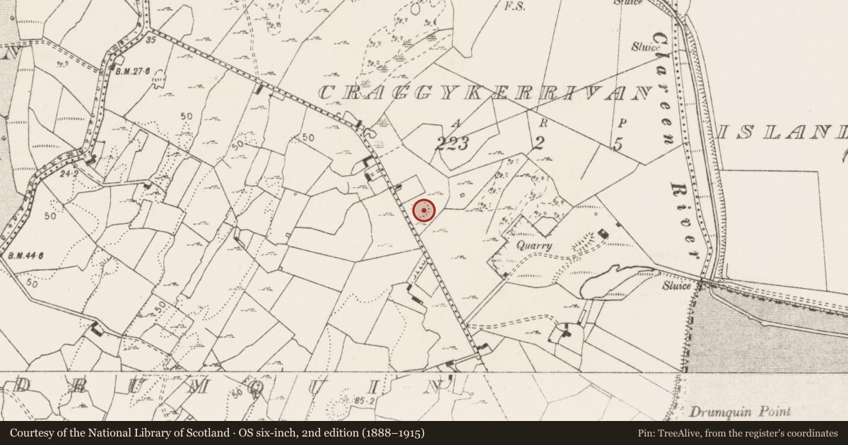 Ordnance Survey six-inch map, 2nd edition (1888–1915) covering the location of Enclosure, Craggykerrivan, County Clare, with a pin at the register's coordinates