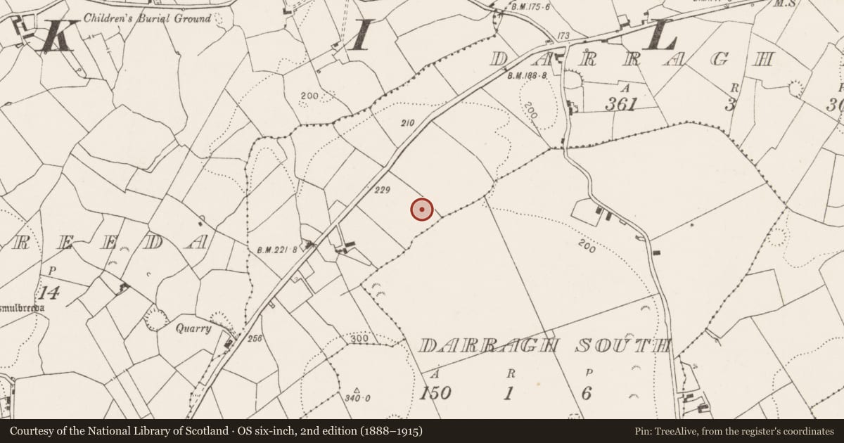 Ordnance Survey six-inch map, 2nd edition (1888–1915) covering the location of Ringfort - rath, Darragh North, County Clare, with a pin at the register's coordinates