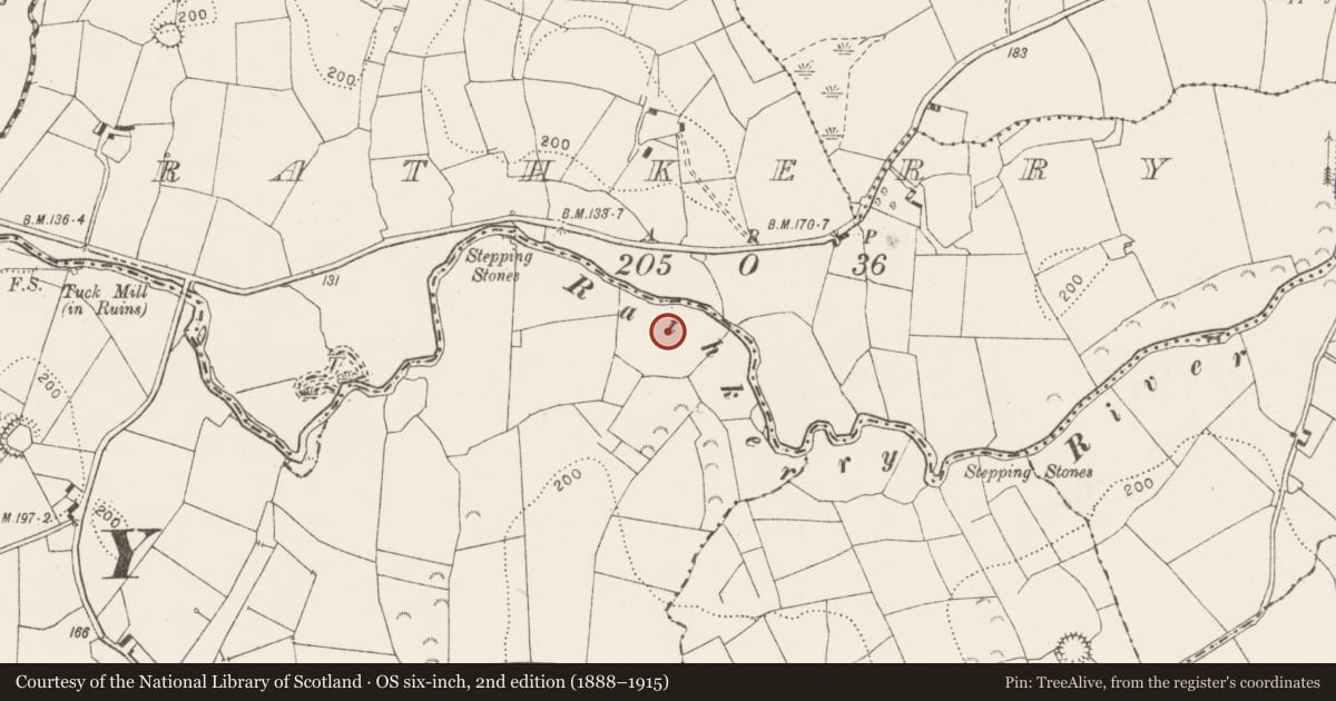Ordnance Survey six-inch map, 2nd edition (1888–1915) covering the location of Children's burial ground, Ballymacooda, County Clare, with a pin at the register's coordinates