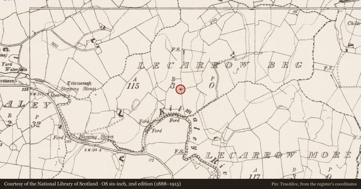 Ordnance Survey six-inch map, 2nd edition (1888–1915) covering the location of Fulacht fia, Lecarrow Beg, County Clare, with a pin at the register's coordinates