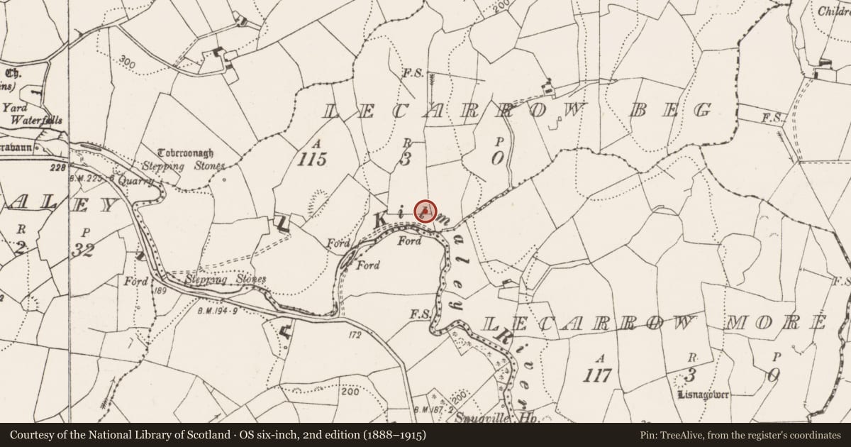 Ordnance Survey six-inch map, 2nd edition (1888–1915) covering the location of Fulacht fia, Lecarrow Beg, County Clare, with a pin at the register's coordinates