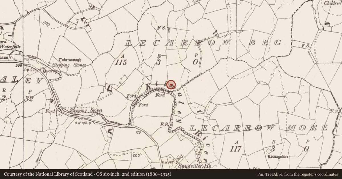 Ordnance Survey six-inch map, 2nd edition (1888–1915) covering the location of Fulacht fia, Lecarrow Beg, County Clare, with a pin at the register's coordinates