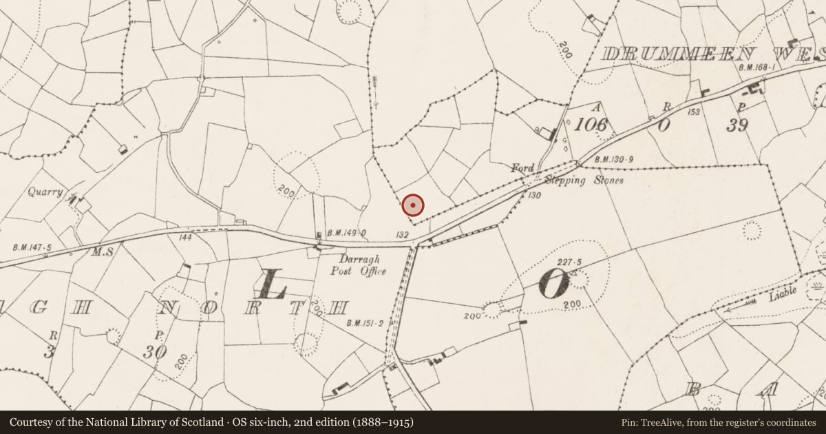 Ordnance Survey six-inch map, 2nd edition (1888–1915) covering the location of Fulacht fia, Drummeen West, County Clare, with a pin at the register's coordinates