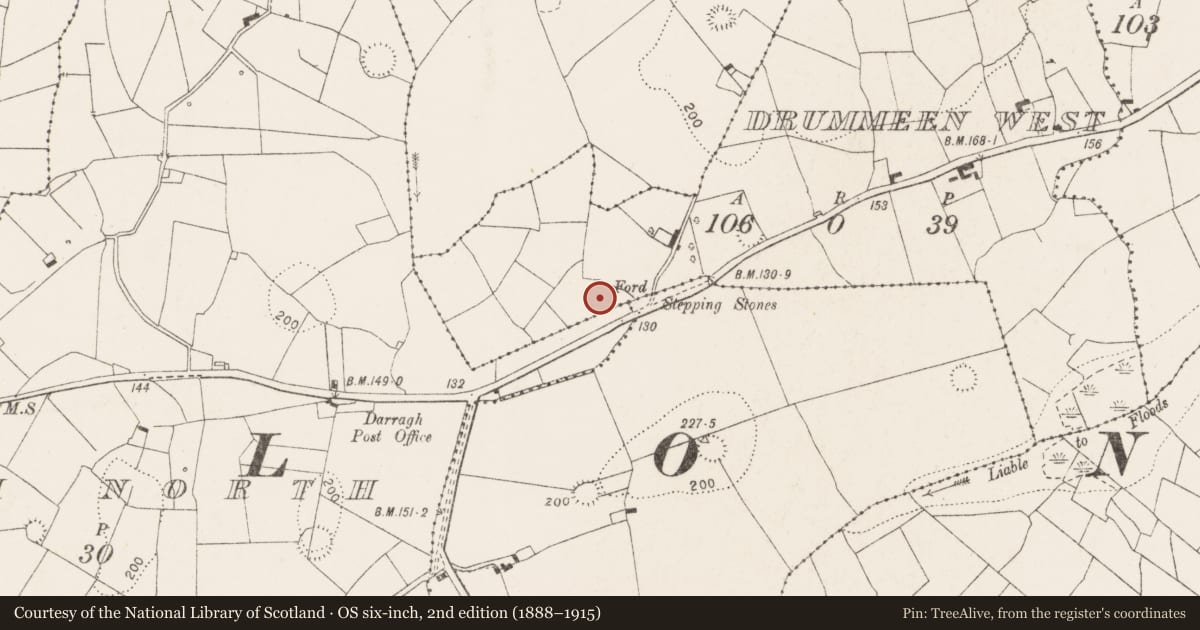 Ordnance Survey six-inch map, 2nd edition (1888–1915) covering the location of Fulacht fia, Drumadrehid, County Clare, with a pin at the register's coordinates