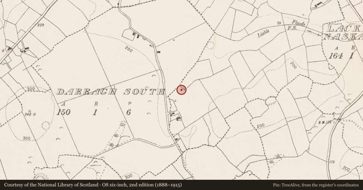Ordnance Survey six-inch map, 2nd edition (1888–1915) covering the location of Fulacht fia, Darragh North, County Clare, with a pin at the register's coordinates