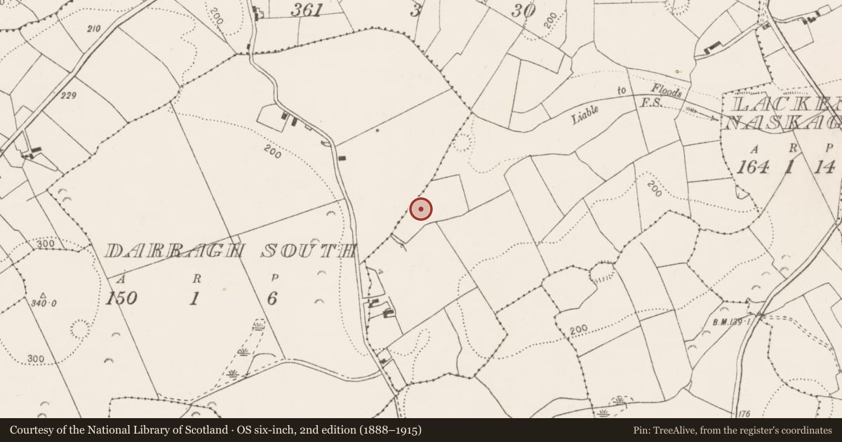 Ordnance Survey six-inch map, 2nd edition (1888–1915) covering the location of Fulacht fia, Darragh North, County Clare, with a pin at the register's coordinates