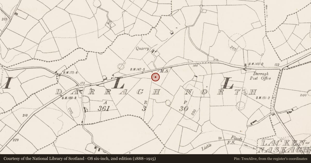 Ordnance Survey six-inch map, 2nd edition (1888–1915) covering the location of Fulacht fia, Darragh North, County Clare, with a pin at the register's coordinates